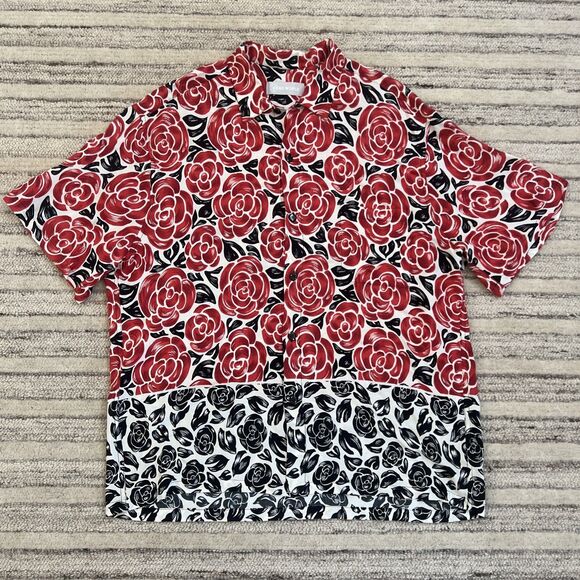 Vintage Jams World Hawaiian Shirt Mens XL Rayon Red Black Roses Valentines 90s - Picture 2 of 10